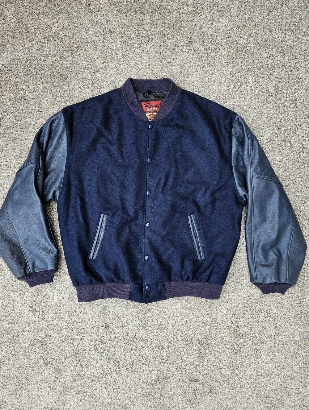 VTG Reed Sportswear Varsity Jacket Wool Leather Navy Bomber Union USA XL Tall
